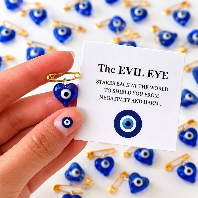 Tiny Glass Evil Eye Safety Pin with Card, Blue Heart Charm