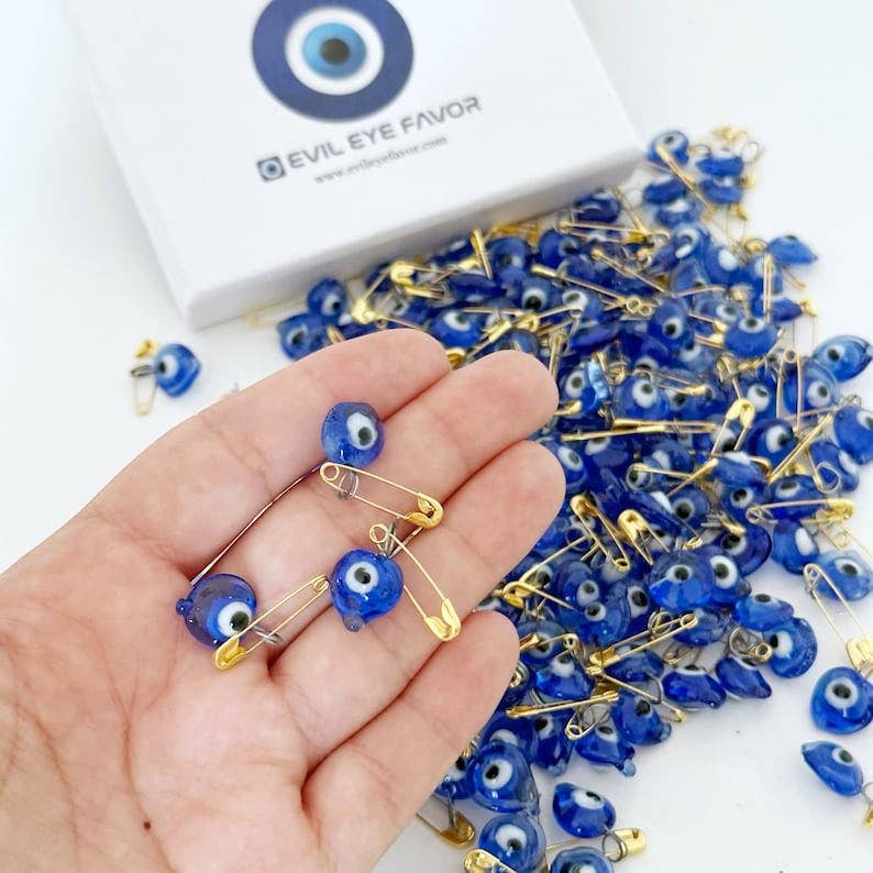 Tiny Glass Evil Eye Safety Pin with Card, Blue Heart Charm