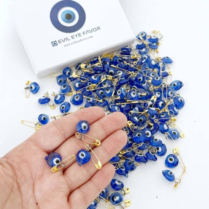 Tiny Glass Evil Eye Safety Pin with Card, Blue Heart Charm